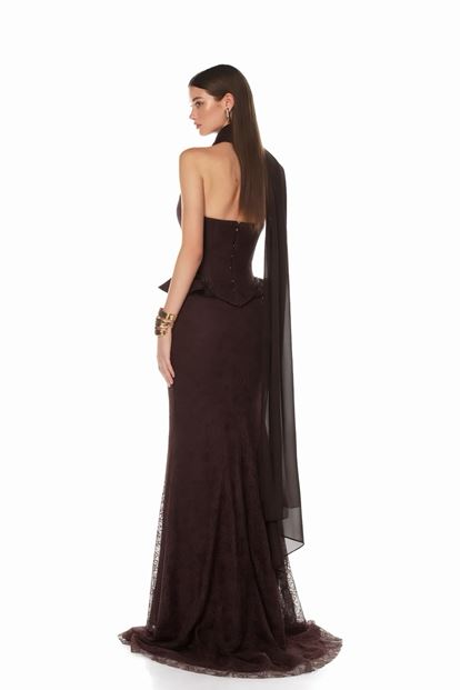 Brown Strapless Corset Lace Evening Dress
